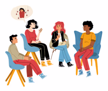 Illustration used for the group therapy. Here are two men and two women at a therapy sitting on chairs and discussing