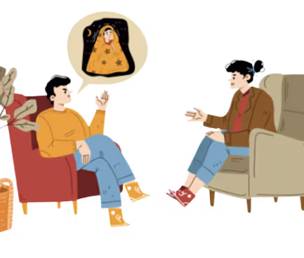 Illustration used for the individual therapy. it's a man laying on a coach talking with his psychologist