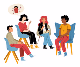 It's an illustration with 4 people taking part of a group therapy