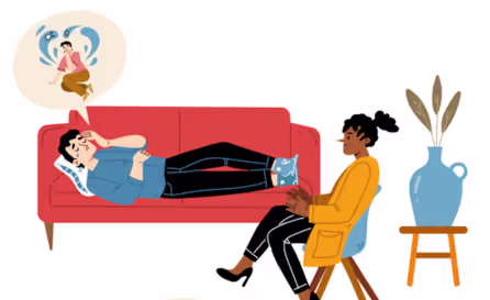 Illustration used for the individual therapy. it's a man laying on a coach talking with his psychologist