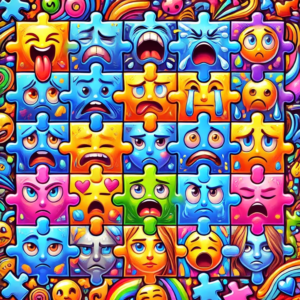Puzzle with different faces that show different moods: sadness, anger, hapiness, stress